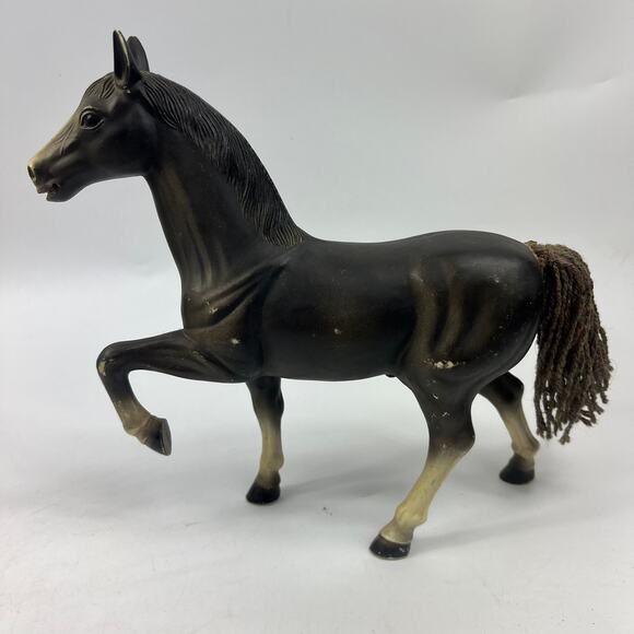 KT Other - Vintage KT 1970s Black Rearing Plastic Horse Figure Toy Yarn Tail Hong Kong 10"